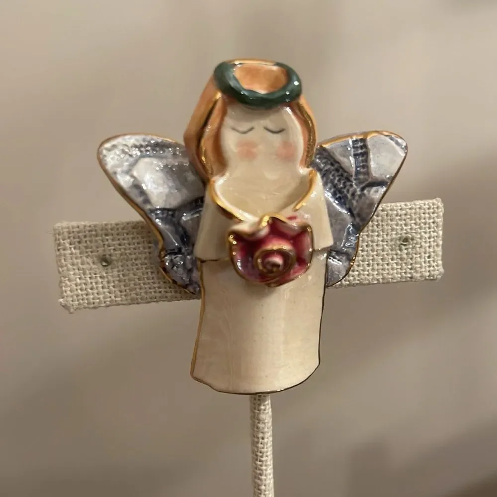 Vintage Ceramic Lusterware Angel with Rose Brooch Lapel Pin